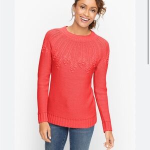 TALBOTS Yoke Stitch Sweater Cotton Blend Knit M Coral Pink Leaves Long Sleeve